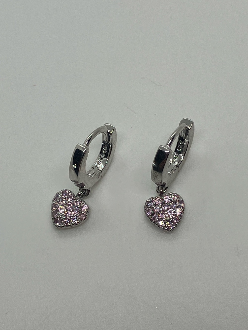 Pink CZ Pavé Heart Dangle Huggie Mini Hoop Earrings Sterling Silver 925